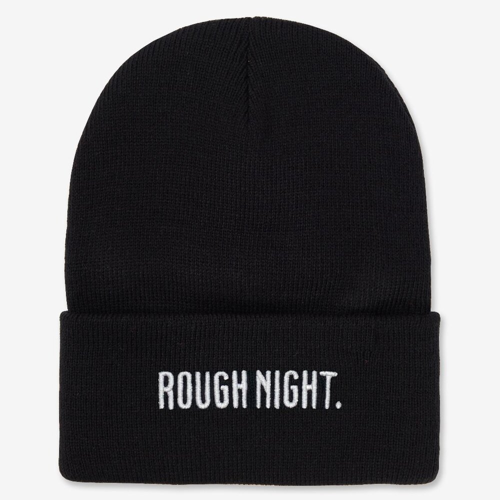 Rough Night Embroidered Black Cuff Beanie